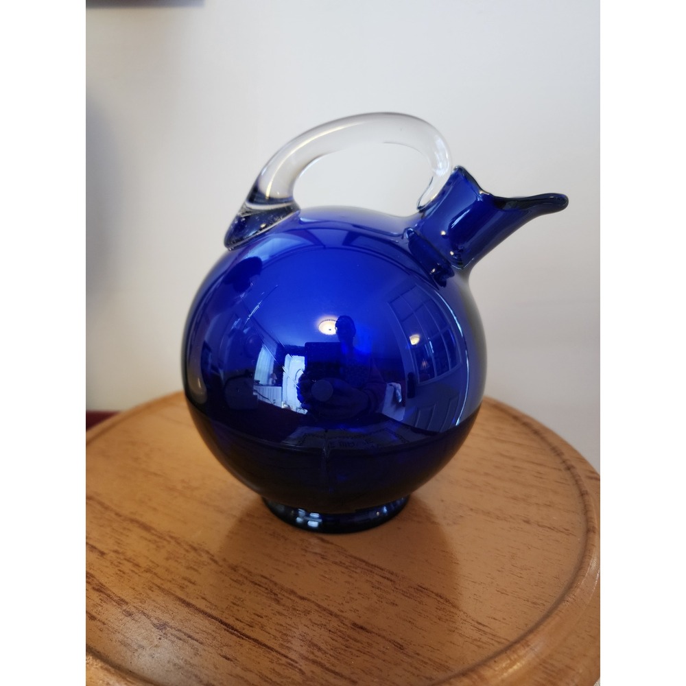 Hand-Blown Cobalt Blue Glass Pitcher Wine Decanter Artisan Clear Handle Elegant